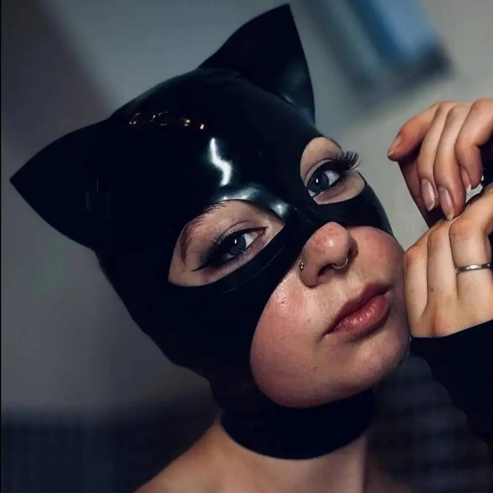 Adult Latex Hood Mask with Pink Cat Ears Back Zipper Rubber Head Mask Pretty Women Cosplay Costumes Props