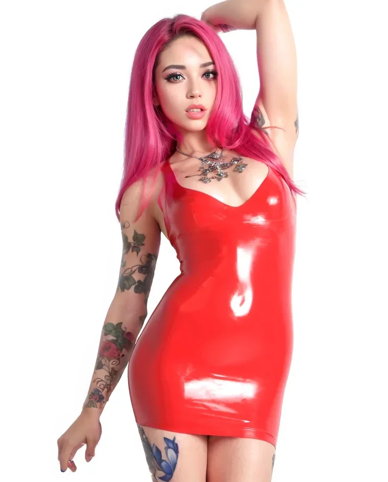 customized Woman Latex Dress Fetish Rubber bodysuit fetish lingerie latex Fabulous High Neck Skater Latex Dress