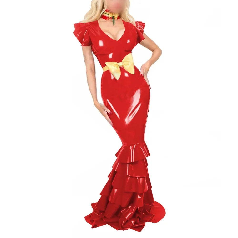 Plus Size Sexy V Neck Hobble Dress Vestido PVC Leather Short Sleeve Slim Ruffled Design Bodycon Maxi Dress Banquet Venue Gown