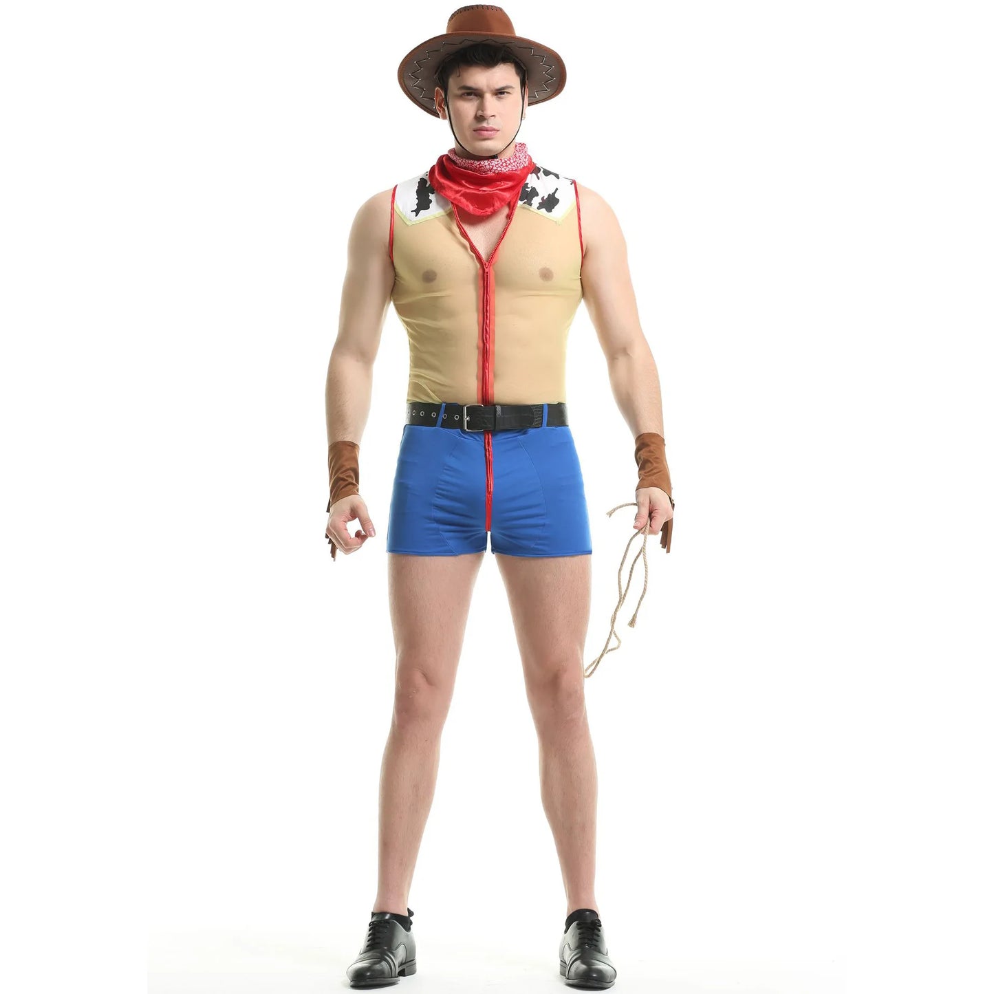 Sexy Men Mesh Western Cowboy Cosplay Sissy Lingerie Set Gay Bar Dance Perform Role Play Clubwear Halloween Carnival Party Outfit