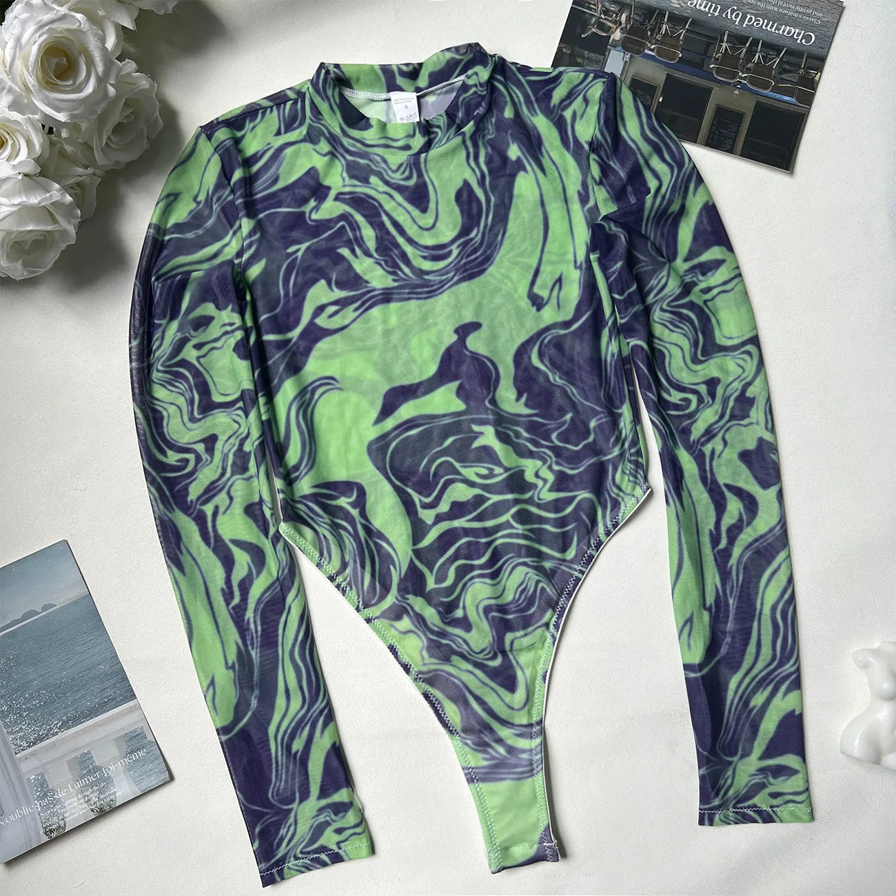 Sexy High Fork Tie Dye Print Bodysuit Women Long Sleeve Cyber Body T-Shirt Game Cosplay Jumpsuit Costume Mesh Transparent