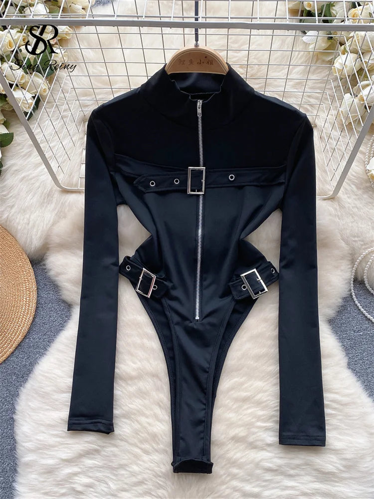 Vintage Zippers Slim Rompers Female Half High Sheath Playsuits Fashion Open Crotch Women Streetwear Bodysuits
