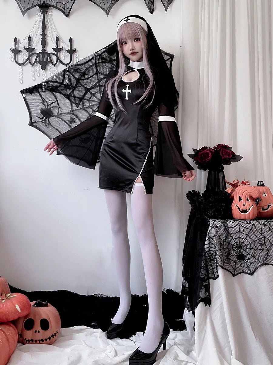 Halloween Sexy Nun Cosplay Costume Vampire Cross Dark Gothic Style Black Nun Dress With Headwear Carnival Roleplay Clothes
