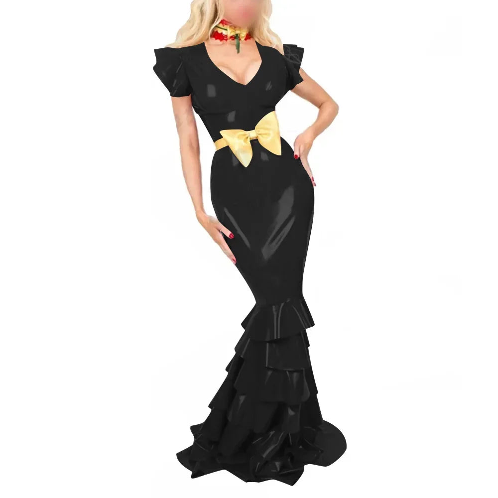 Plus Size Sexy V Neck Hobble Dress Vestido PVC Leather Short Sleeve Slim Ruffled Design Bodycon Maxi Dress Banquet Venue Gown