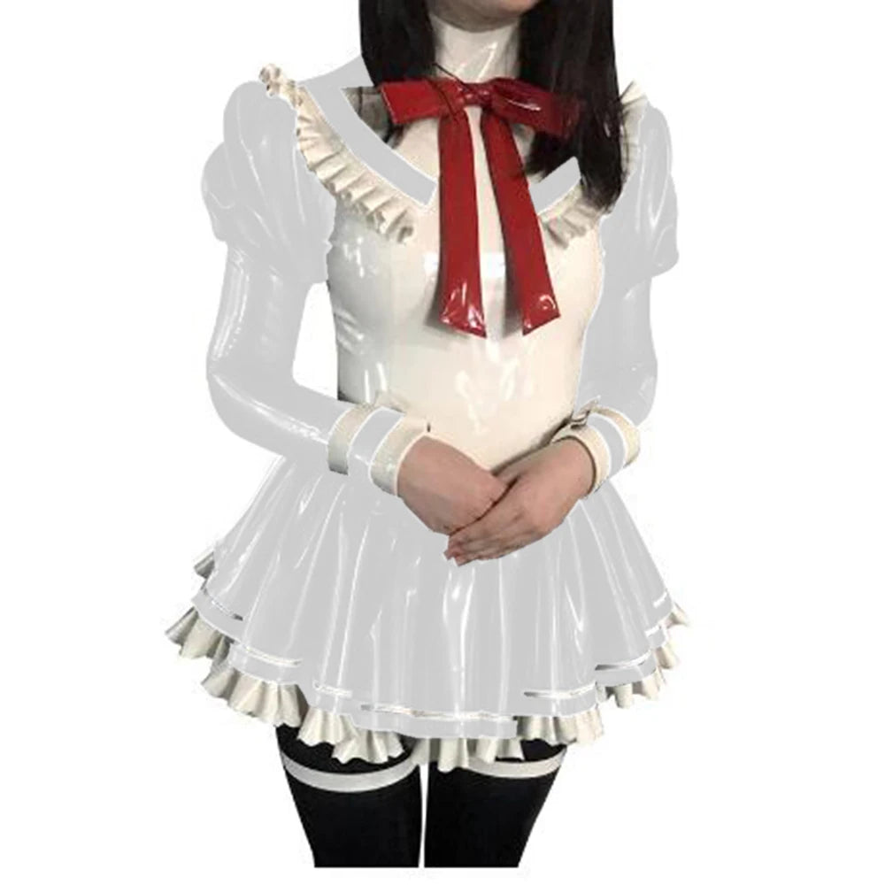 Cosplay Custom Mini Dress Sexy Faux Latex French Maid Club Dresses Long Puffs Sleeves Ruffles PVC Uniform Outfit Clubwear