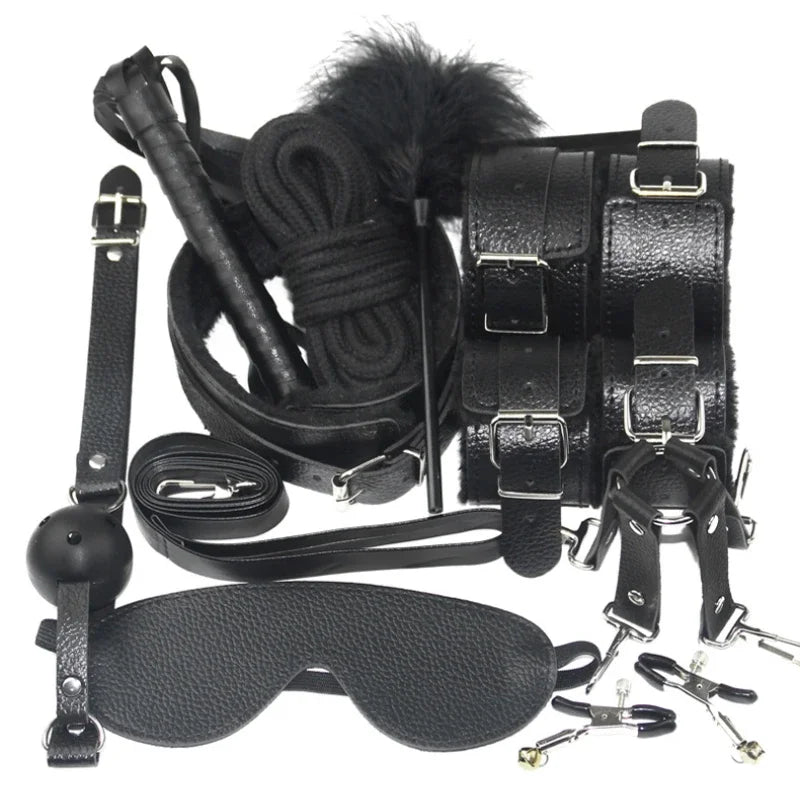 BDSM Kits Sexy Leather Plush Sex Bondage Set Handcuffs Sex Games Whip Gag Nipple Clamps Sex Toys For Couples Exotic Accessories