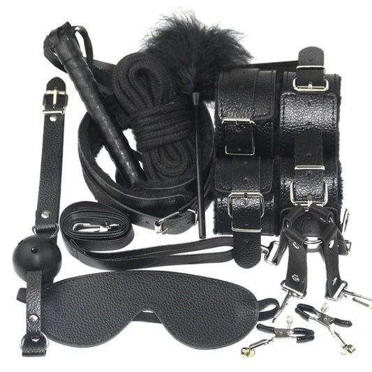 BDSM Kits Sexy Leather Plush Sex Bondage Set Handcuffs Sex Games Whip Gag Nipple Clamps Sex Toys For Couples Exotic Accessories