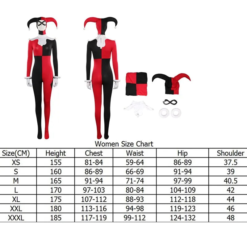 Quinzel Cosplay Costume Adult Women Jumpsuit Swimsuit Dress Clown Hat Eyemask Outfits Halloween Carnival Disguise Party Suit