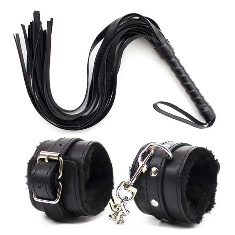 Pink Black Red BDSM Sexy Bondage Handcuffs Ankle Cuffs Adjustable With Whip Adult Game Erotic Sex Toy for Women Couples