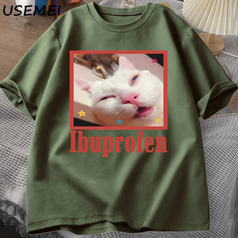 Ibuprofen Cat Meme Tshirt Funny Cat Graphic Tee Cute Cat Lover Cotton T-Shirt Casual Funny T Shirts Unisex Oversized Tshirt Tee