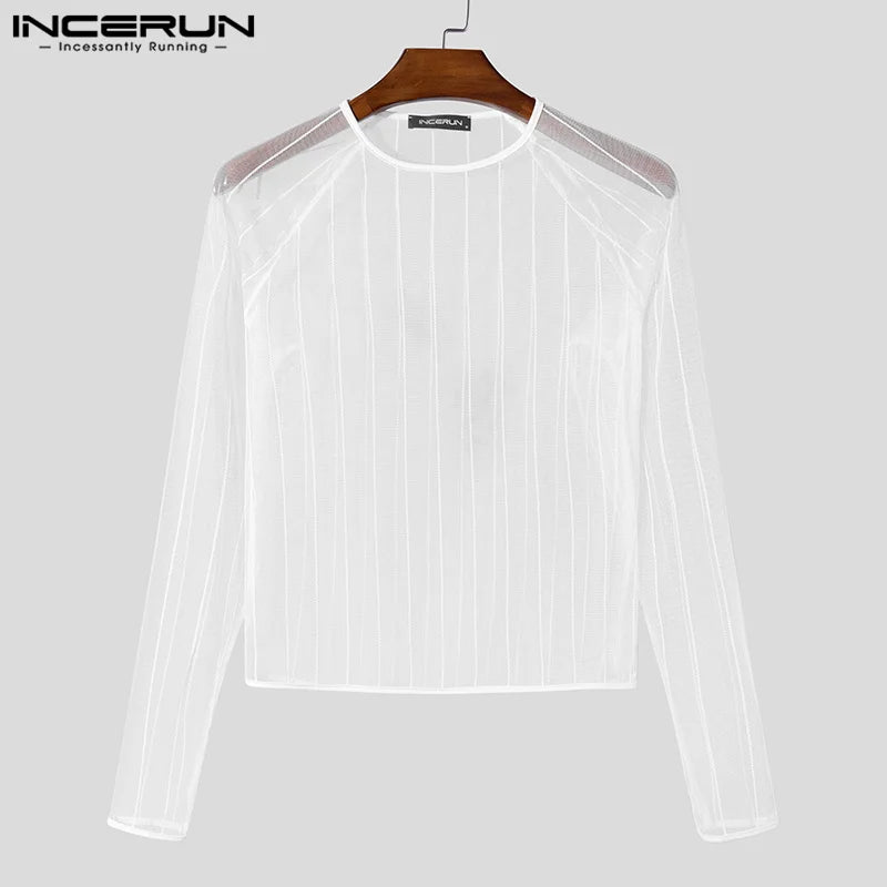 Party Nightclub Style Tops INCERUN Men's See-through Thin Design T-shirts Sexy Leisure Male Hot Sale Long Sleeved Camiseta S-3XL