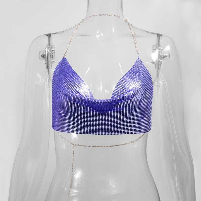 Sexy Metal Metallic Crop Top Women Beach Halter Corset Tops Glitter Backless Party Club Tank Top Clothes Top Camisole Croppe