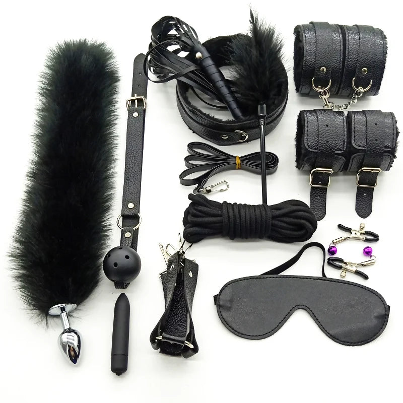 Adult Products Sextoy BDSM Bondage Set Handcuffs Whip Anal Plug Collar Gag Rope Leather Restraint Kits Sex Toys for Couples