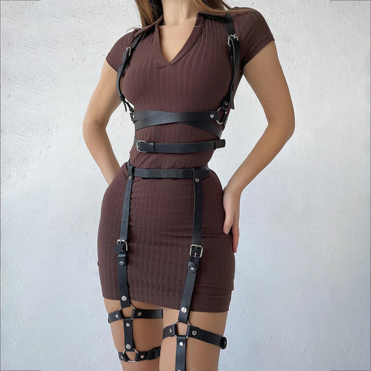 Women Fashionable Harness Waist belt Set Leather Harness Waist Belt Body Harness Breast Leg Garter Belt Goth Clothing Accessory