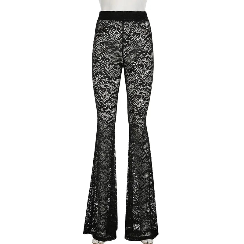 Goth Dark Lace Perspective Flare Pants Mall Goth High Waist Full Length Pant Casual Streetwear Hot Sexy Sheer Trousers 2025 New
