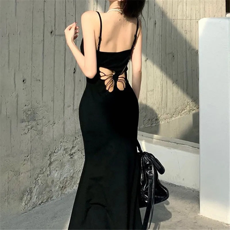 Goth Dark Cyber Y2K Butterfly Hollow Out Straps Dresses Fairy Grunge Bodycon Gown Women Sexy Hot Backless Dress Gothic Techwear