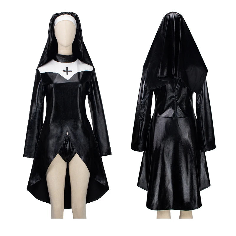 Sexy Gothic Latex Nun Costume Halloween Black PU Leather Sister Role Play Outfit High Split Cross Dress Club Party Women Cosplay
