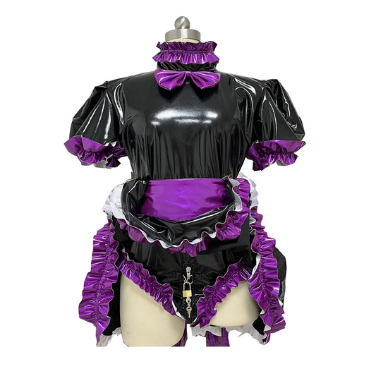 lockable dress Role Play Maid Dress with Apron Lockable Panties French Sissy PVC Short Sleeved Dress Lockable Uniform XS-7XL