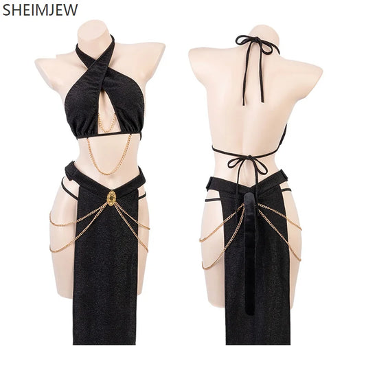Halloween Egyptian Queen Cosplay Costume Women Sexy Halter Neck Backless Hollow Cat Girl Suit Carnival Party Nightclub Bar Dress