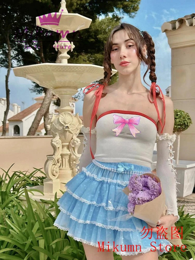 Mikumn Harajuku Kawaii Blue Ruffles Pumpkin Pants Women Cute Lace Bow Lolita Safety Short Pants Vintage Victorian Bloomers