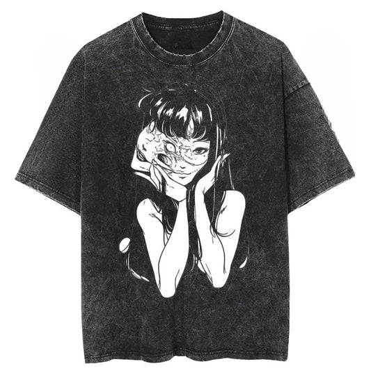 Anime Tomie Kawakami Junji Ito High-Street Washed Distressed Casual Sporty Light Luxury Men's Tees, Women's Short Tees & Couple