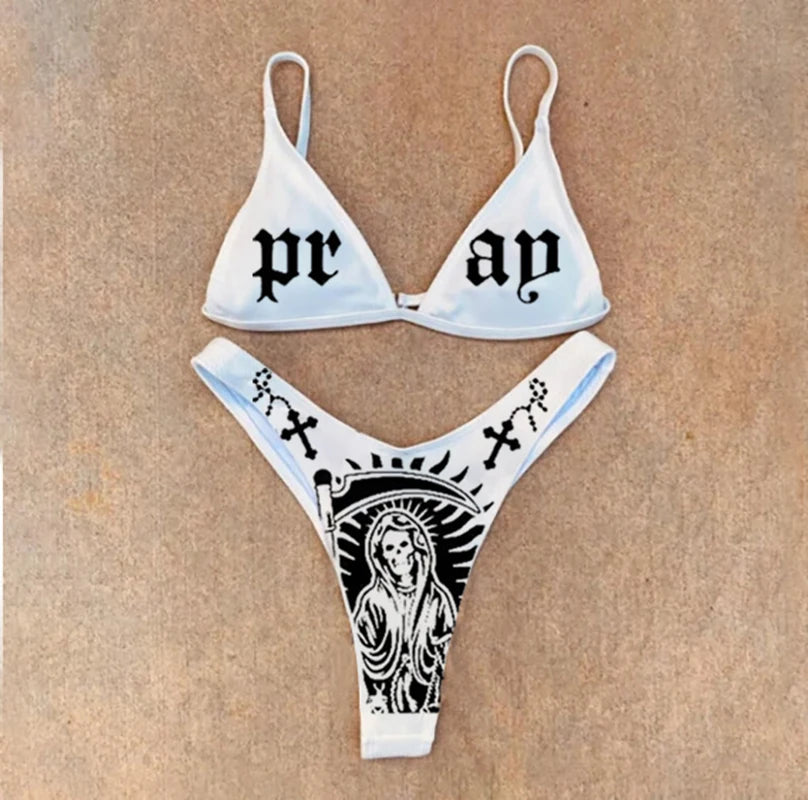 Gothic Bikini 2025 Women Skull Cross Print Bra Thong Swimsuit Split Bathing Suit Underwear Y2K Bikinis Swimwear