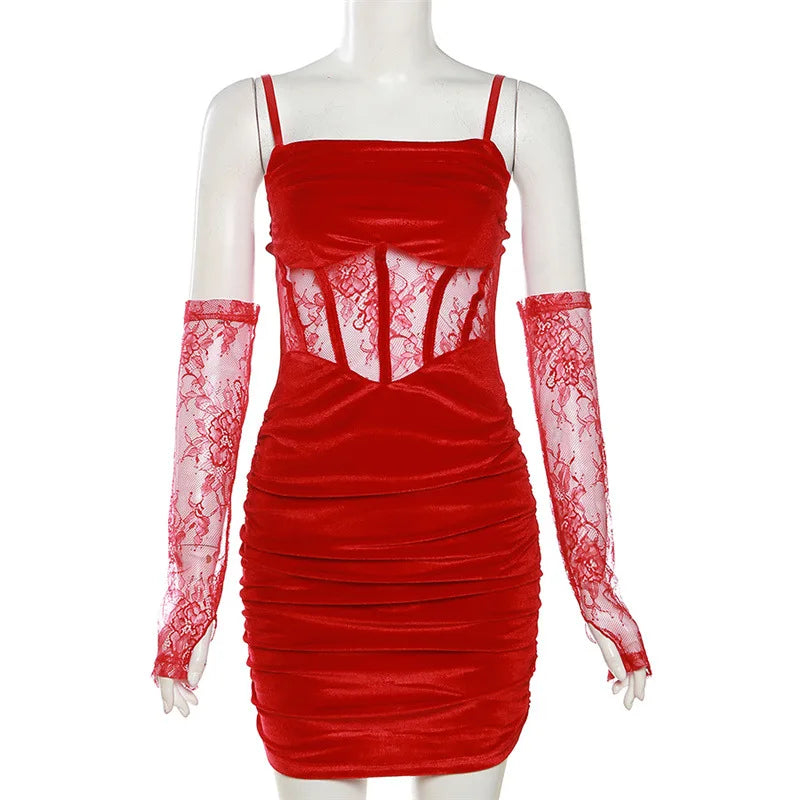 Goth Dark Velvet Y2k Ruched Elegant Corset Dresses Gothic Lace Patches Sheer Sling Party Dress Red Black Ladies Backless Clothes