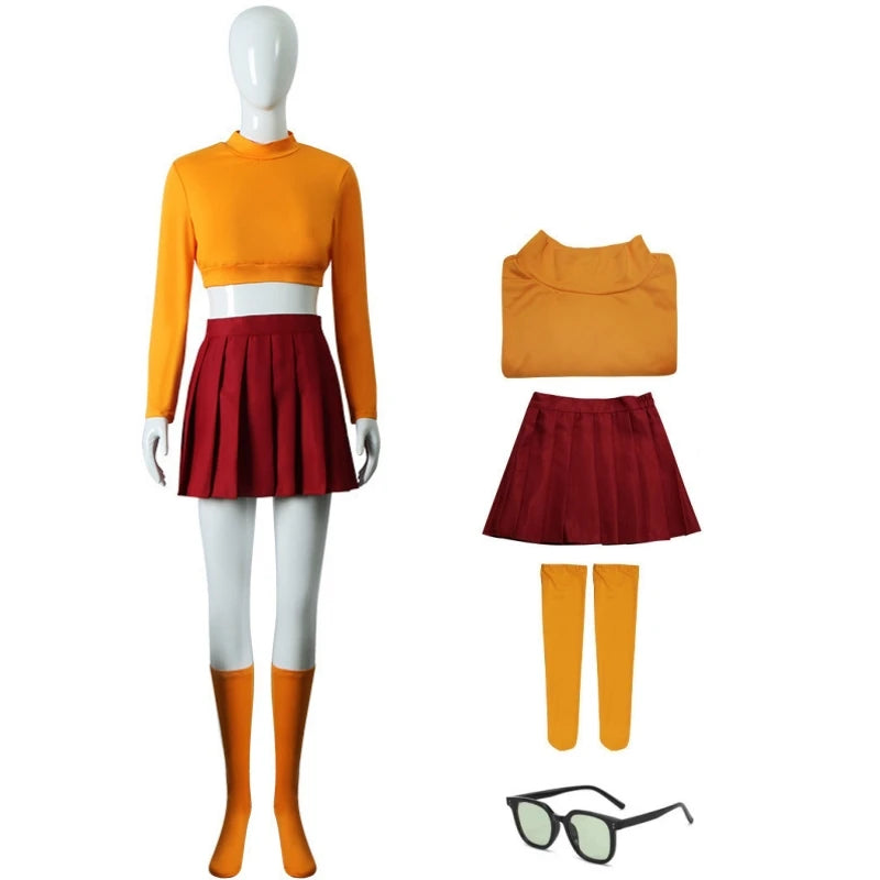 Anime Velma Seragam Cosplay Kostum Orange Short Skirt Uniform Wanita Oranye Kaus Kaki Rok Atas Halloween Party Carnival Set