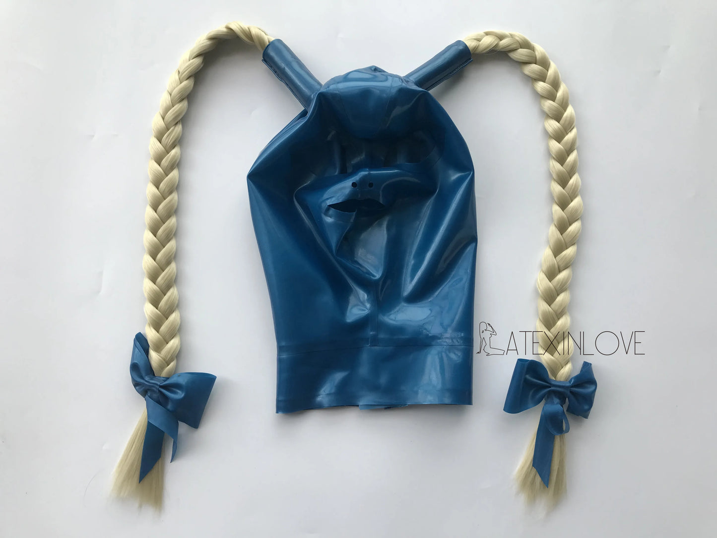 Metallic Blue Latex Fetish Hood Mask with Two Braids Pigtails Ponytail