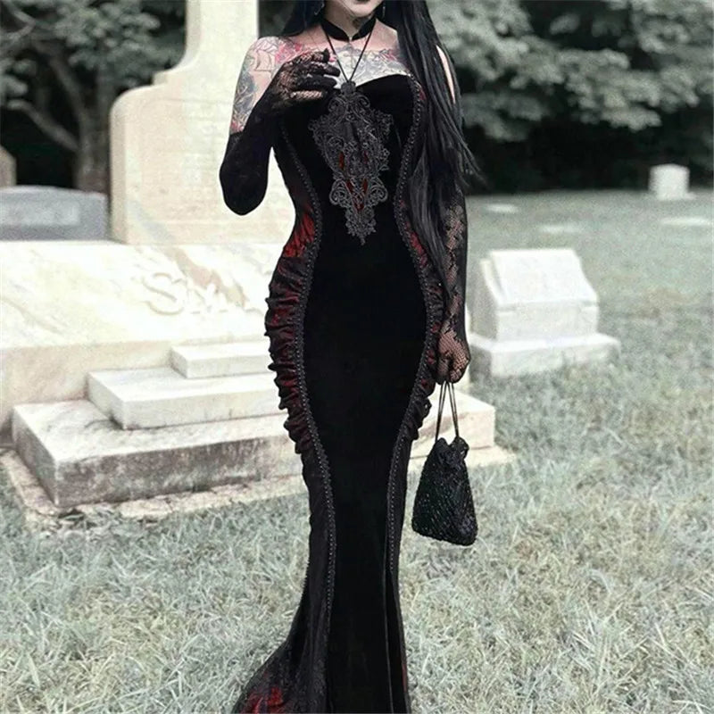 Goth Dark Ladies Elegant Fashion Tight Halter Mermaid Dresses Hotsweet Corset Mesh Maxi Dress Gothic Pleated Bodycon Party Gown