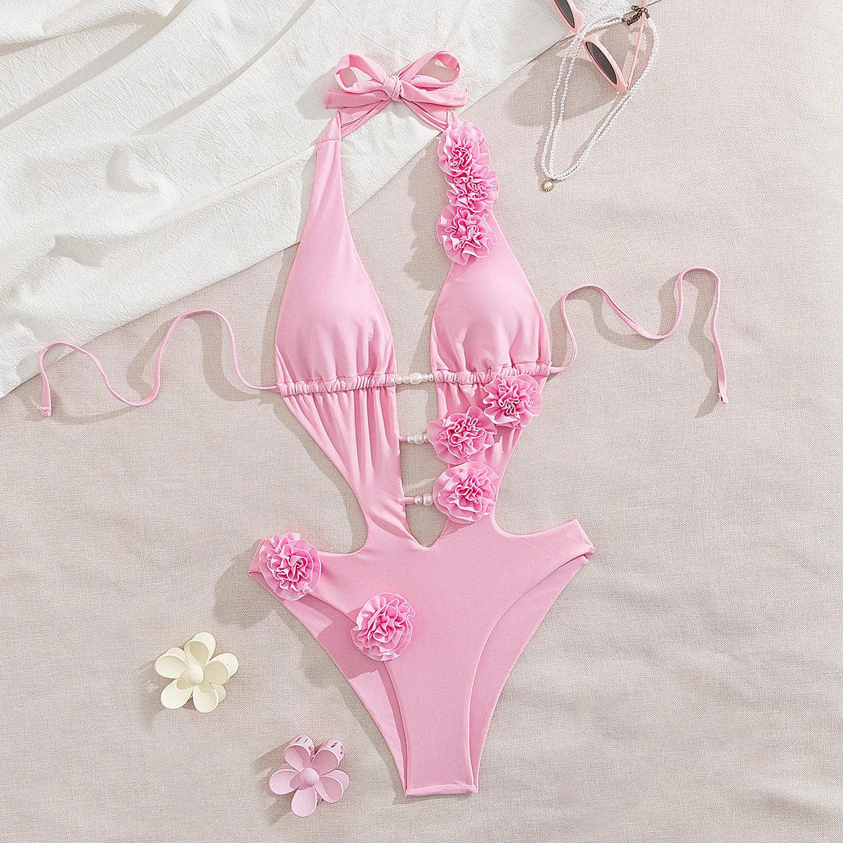 2025 New 3D Flowers One Piece Swimsuit Women Solid Sexy Hollow Out Swimwear Tropical Summer Beachwear Bathing Suit Bodysuit