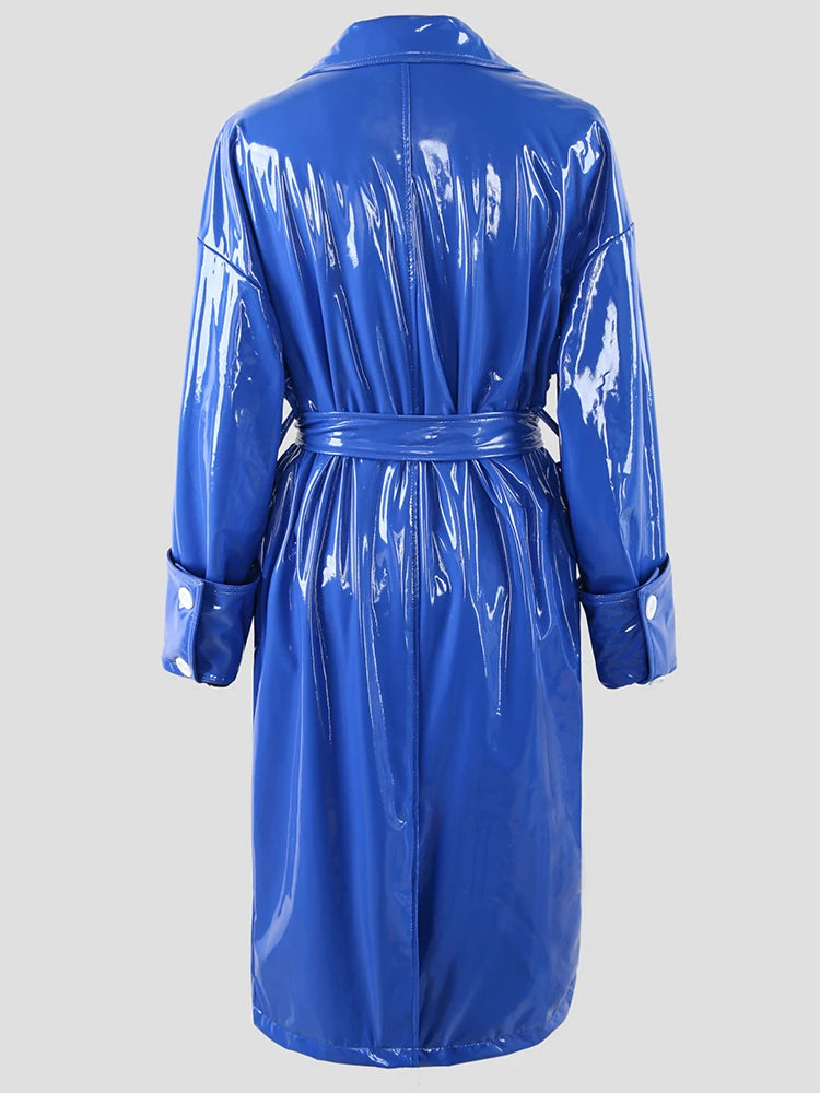 Nerazzurri Autumn Long Oversized Shiny Reflective Soft Blue Patent Faux Leather Trench Coat for Women Sashes European Fashion