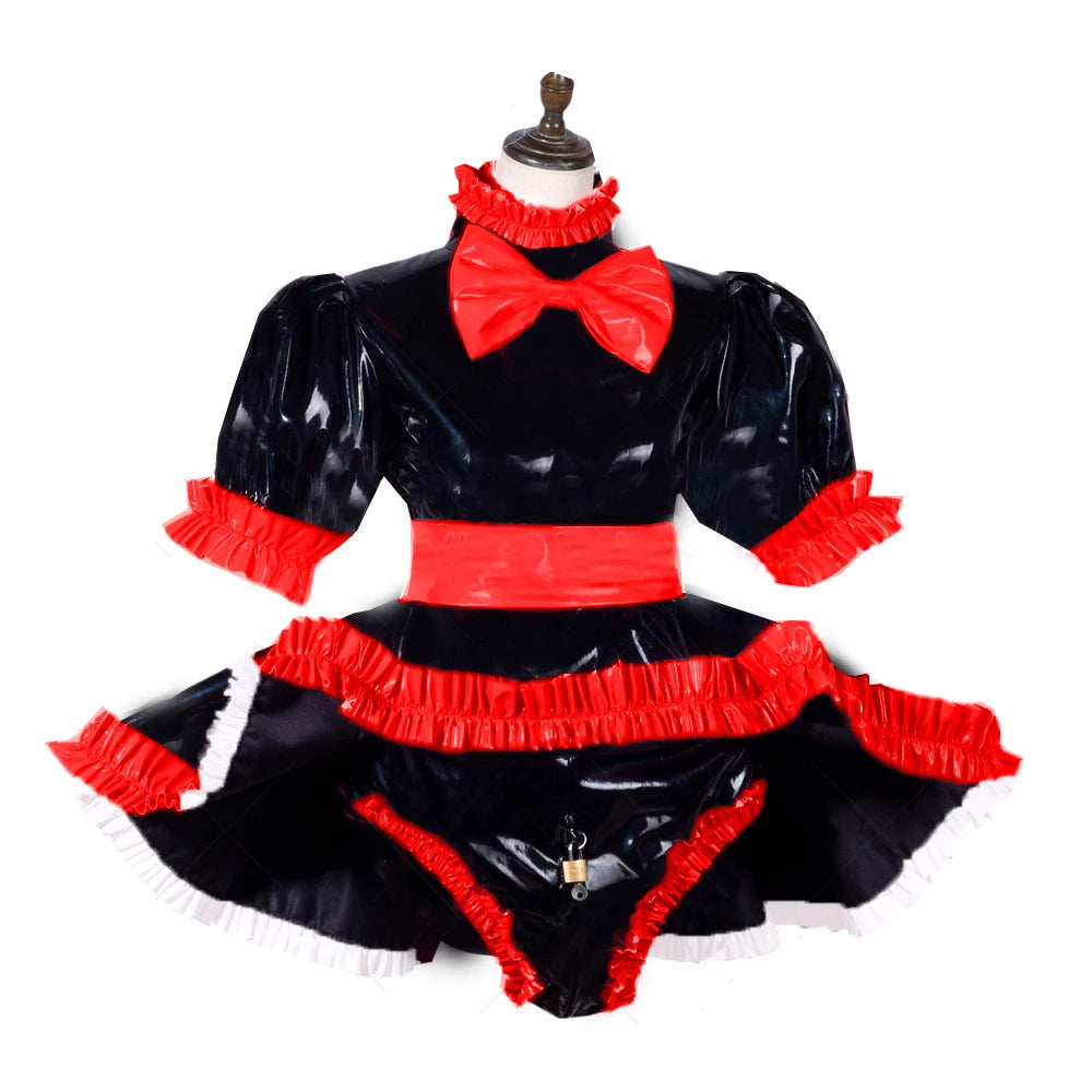 lockable dress Role Play Maid Dress with Apron Lockable Panties French Sissy PVC Short Sleeved Dress Lockable Uniform XS-7XL