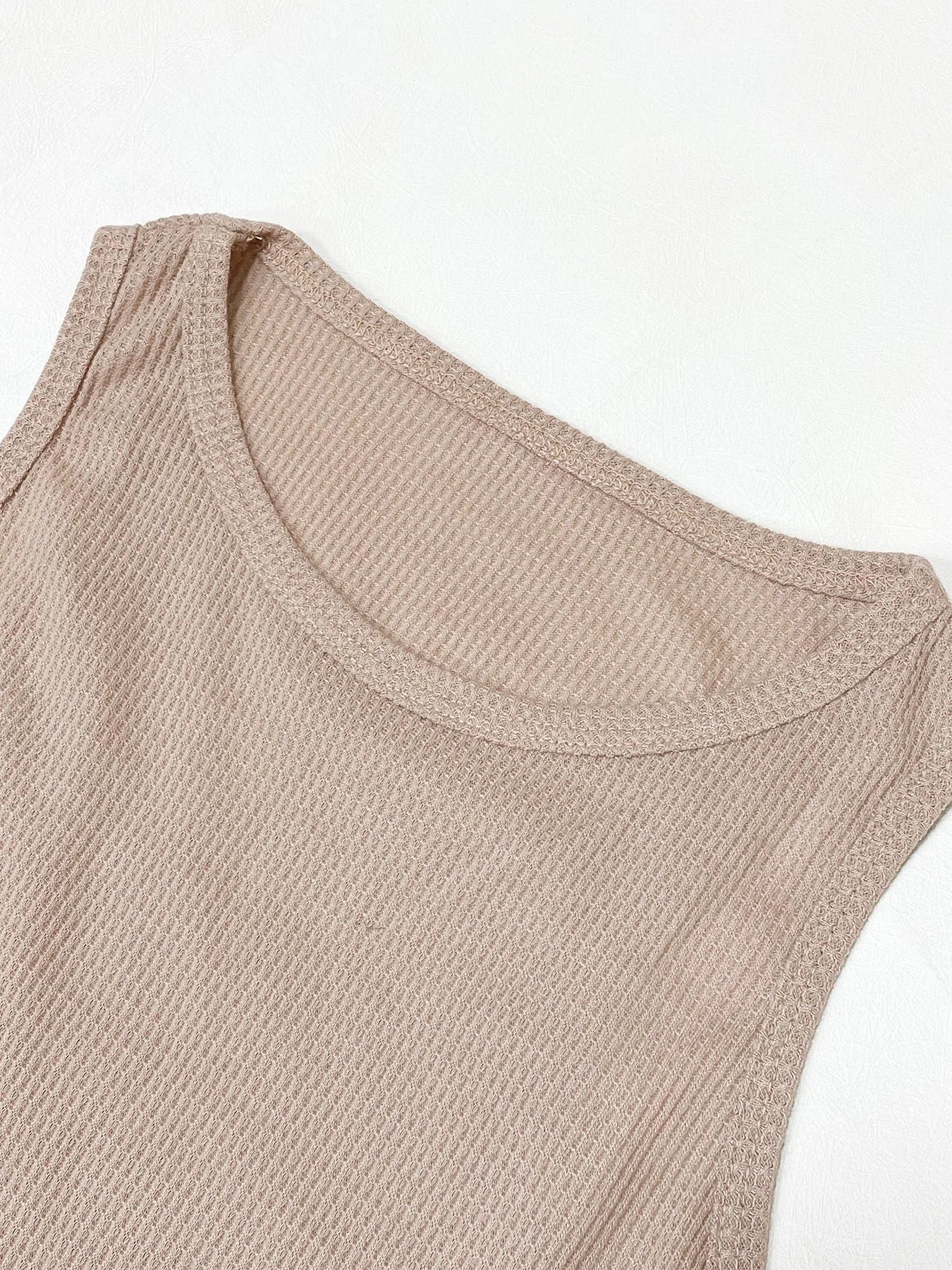 Women's Solid Waffle Textured Shorts Set, Co Ords for Women, Breathable O-Neck Crop Tank Top & Drawstring Shorts Two-piece Set