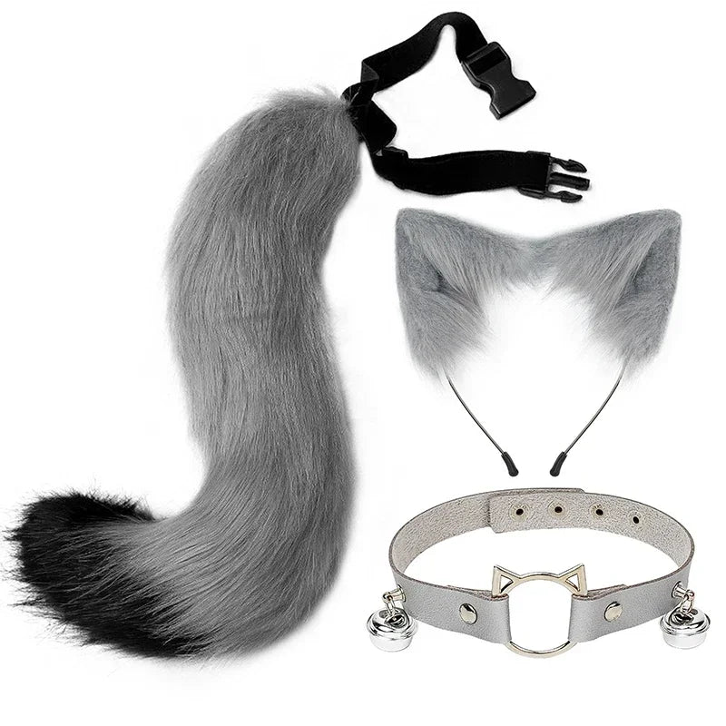 Fox Cat Ears Mask+Tail +Gloves，Fluffy Animal Headwear Ears Hairpin+Tail +Bell，Hair Hoop Set for Halloween Cosplay Accessories