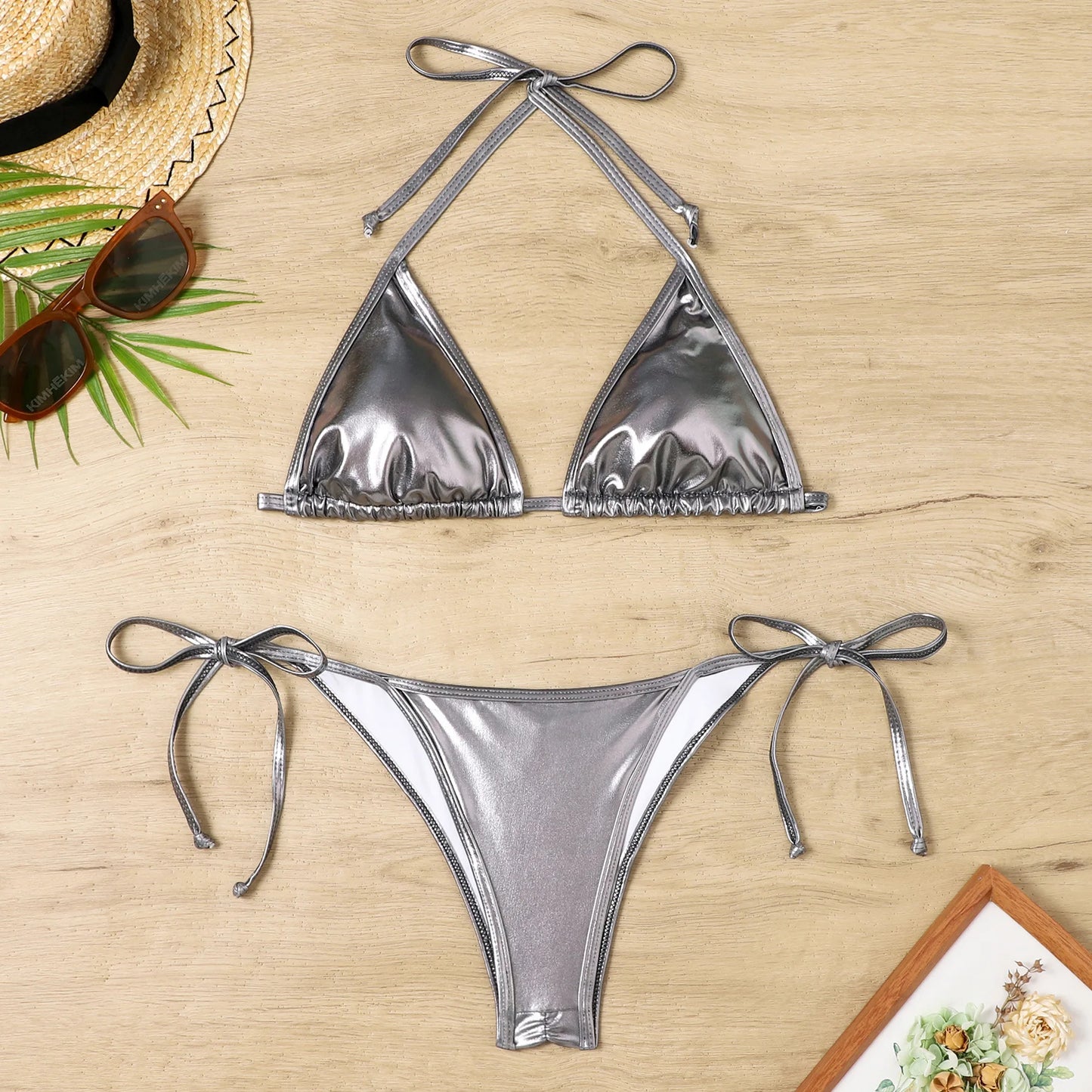 Melphieer 2024 Fashion Gold Shiny Beach Bikini Scrunch Butt Bather Bikinis Woman Swimwear Bathing Suit Beachwear S~XL E1248