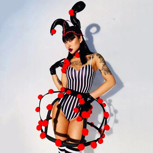 Ashburn Black White Striped Bodysuit Ox horn Headdress Stage Outfit DJ Singer Nightclub Clothes Circus Clown Party Show Dance Costume