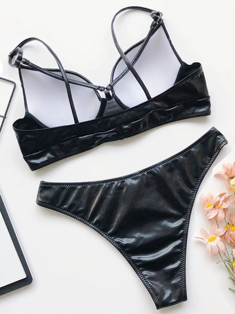 Shiny Faux Leather PU Bikini Women Swimsuit Bra cup