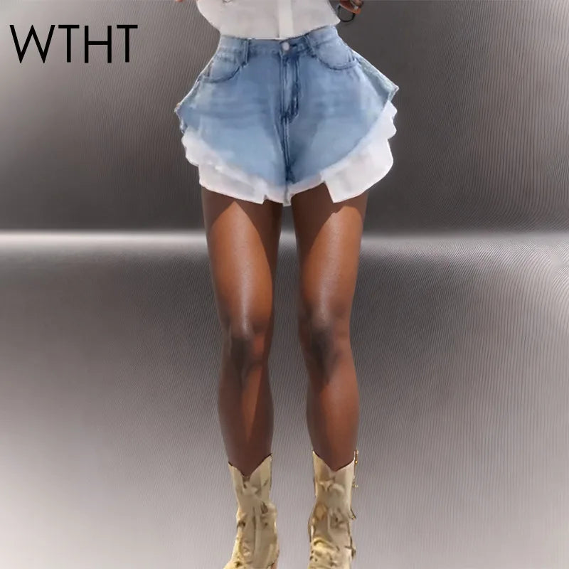 New Fashion Women's Patchwork Hem Wash Denim Shorts 2025 Summer Trendy High Waist A-line Short Pants Female