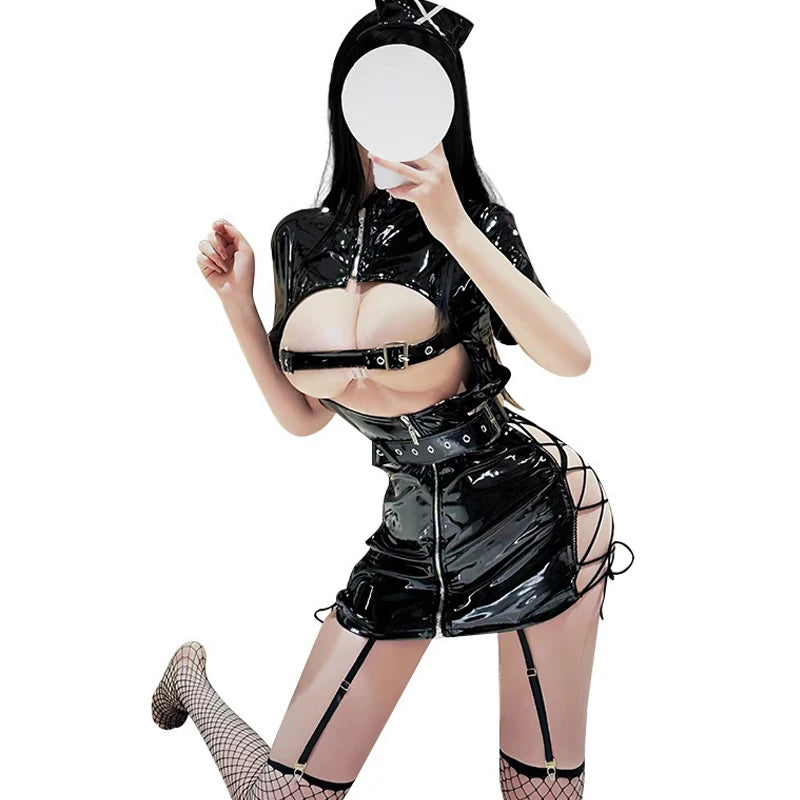 Women Exotic Lingerie Exposed Nipples PU Leather Erotic Dress See-through Babydoll Catsuit Leotard for Clubwear Costumes xxx
