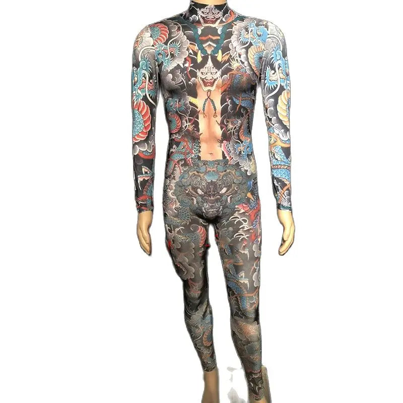 male printing jumpsuit party wears stage costumes long sleeve stretch bodysuit dj perform siamese Sexy men pole dance dress