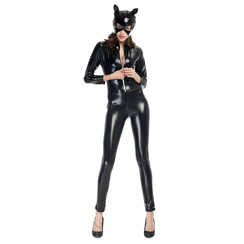 Large Size Catsuit Bodysuit Abdl Sexy Onesie Adult Erotic Unitard Latex Leather Costume for Women Cat Ears Zentai Obesity Suit