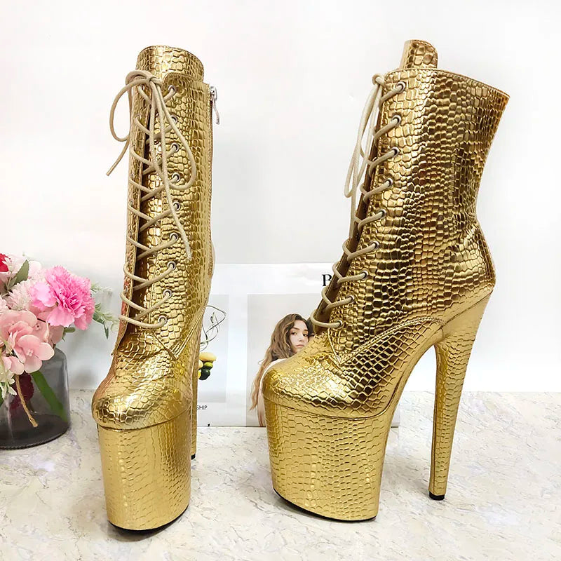 New Style Sexy Motorcycle Lace Up 20cm Gold Pole Dance Shoes Ankle Boots Platform Gladiator Nightclub 8Inches High Heels Exotic