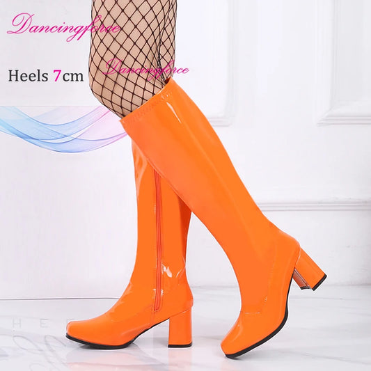 Orange Sexy Retro 60s 70s Gogo Boots 7cm Chunky Block Heel Club Knee High Boots CrossDressing Unisex Shoes Women