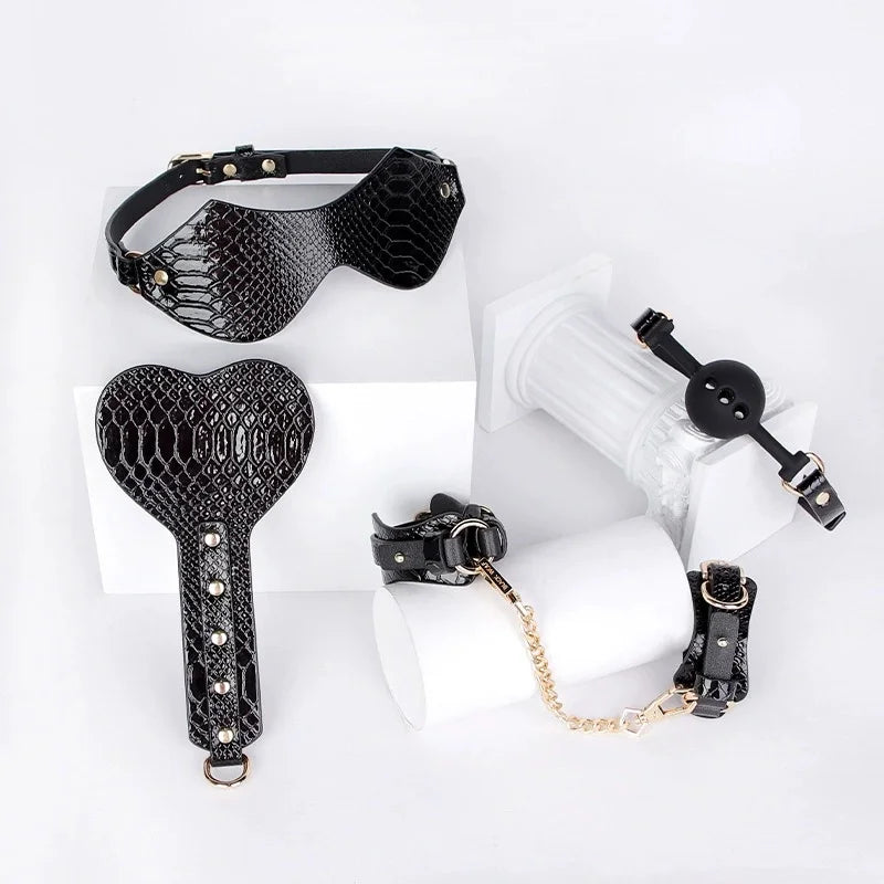 Genuine Leather BDSM Bondage Set - High Quality Fetish Handcuffs, Collar, Gag & Whip for Women, Couples Adult Erotic Sex Toys