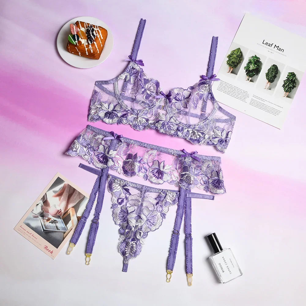 Ashburn 3 Piece Set Sexy Lingerie Embroidery Printing Patchwork Bow Knot Lace Up See- Through Underwear Bra Set For Women New