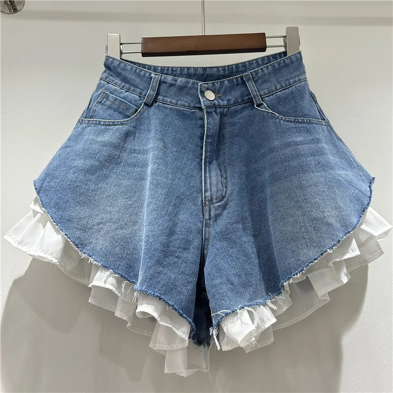 New Fashion Women's Patchwork Hem Wash Denim Shorts 2025 Summer Trendy High Waist A-line Short Pants Female