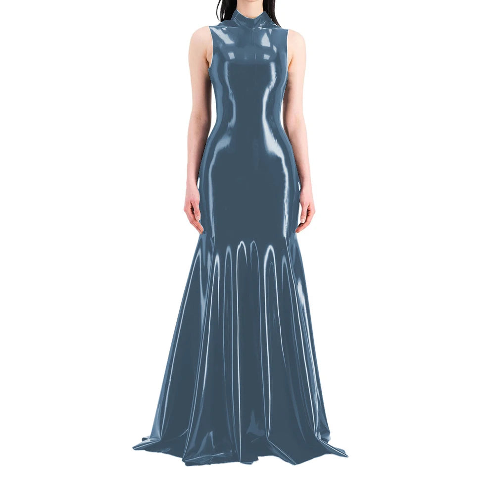 Women's Sleeveless Half High Neck Wet Look PVC Maxi Dress, Faux Latex Mermaid Floor-Length Dress, Party Club Fetish Outfit,