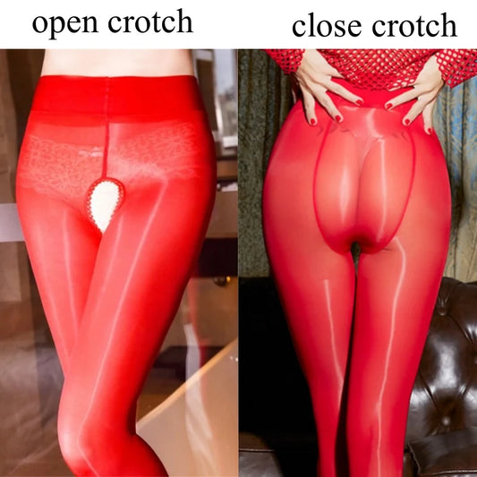 M L XL Plus Size Oil Shiny Tights 8D Ultra Thin Transparent Glossy Smooth Stockings Women Sexy Open Crotch High Waist Pantyhose