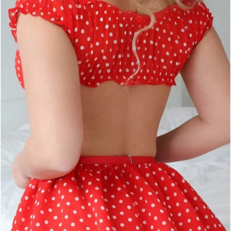 Toucheart Sexy Lingerie Suit For Women Bow Knot Mesh Patchwork Polka Dot Off-shoulder Polka Skirt Sexy Exposed Navel Underwear